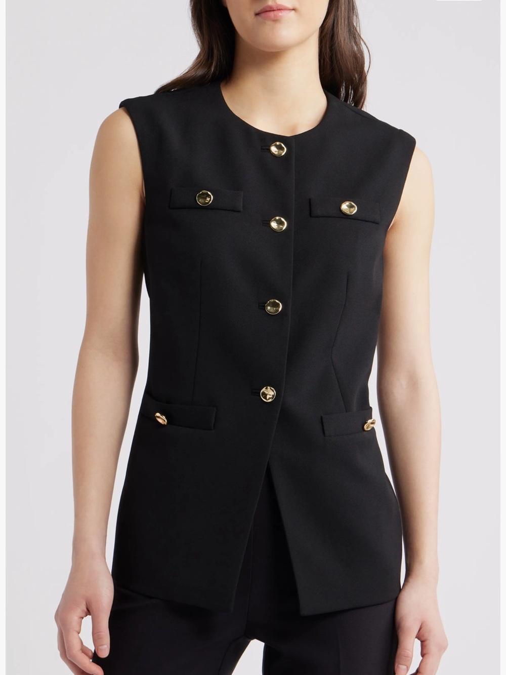 Gracia Black Sleeveless Buttoned Vest with Gold Buttons